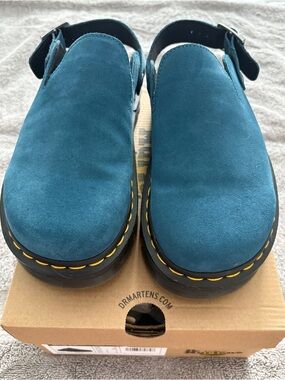 Dr. Martens Teal Suede Clog Mules with Yellow Welt Stitching